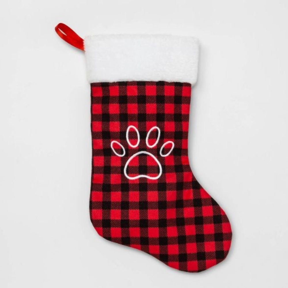 Holiday Dog & Cat Stocking nwt paw print buffalo plaid